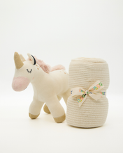 Load image into Gallery viewer, Snuggz Knitted Unicorn Toy &amp; Cotton Baby Blanket Set
