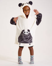 Load image into Gallery viewer, Child wearing a panda-themed poncho with a hood on a white background
