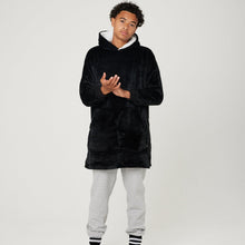 Load image into Gallery viewer, Black Hooded Blanket for Kids with white Sherpa fleece lining
