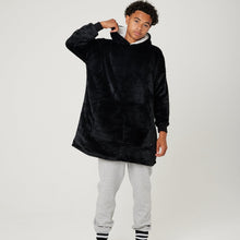 Load image into Gallery viewer, Black Hooded Blanket for Kids front shot of pocket, hood and white Sherpa fleece lining
