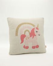 Load image into Gallery viewer, Snuggz Knitted Pink Unicorn &amp; Rainbow Cushion With Filler
