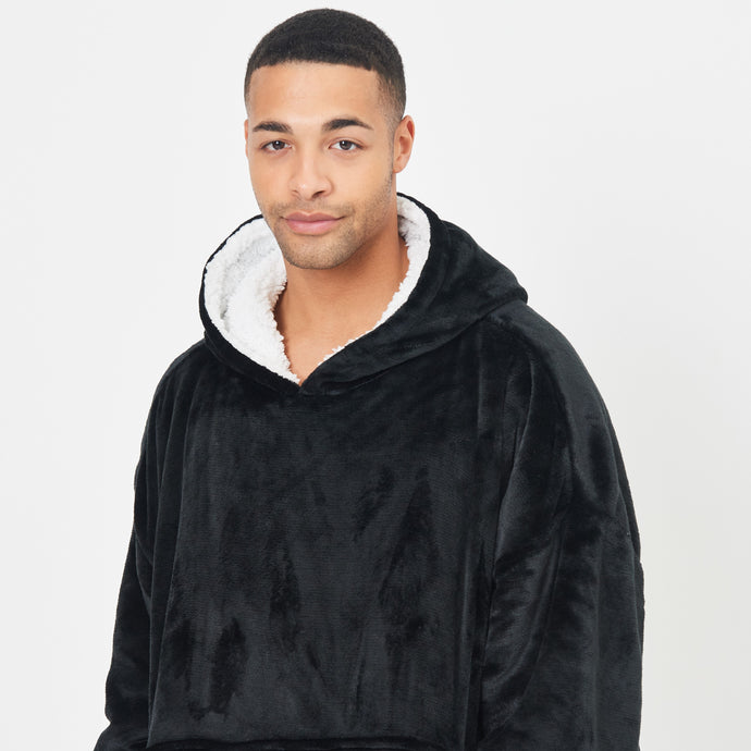 Black Adult Hooded Blanket with white Sherpa lining